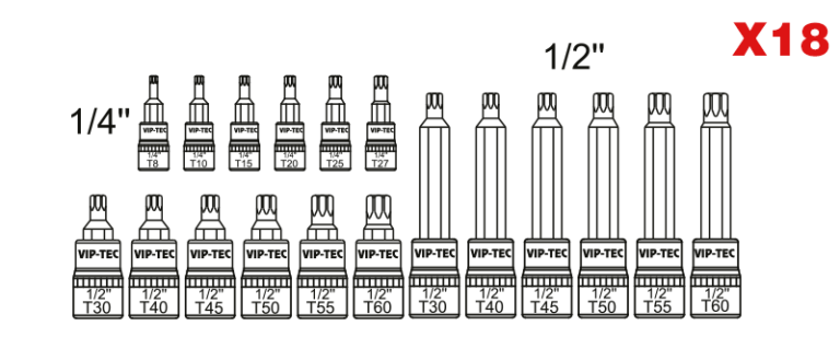 1/2" - 1/4"Lokmalı Torx Uç Takımı 18 Parça mm
