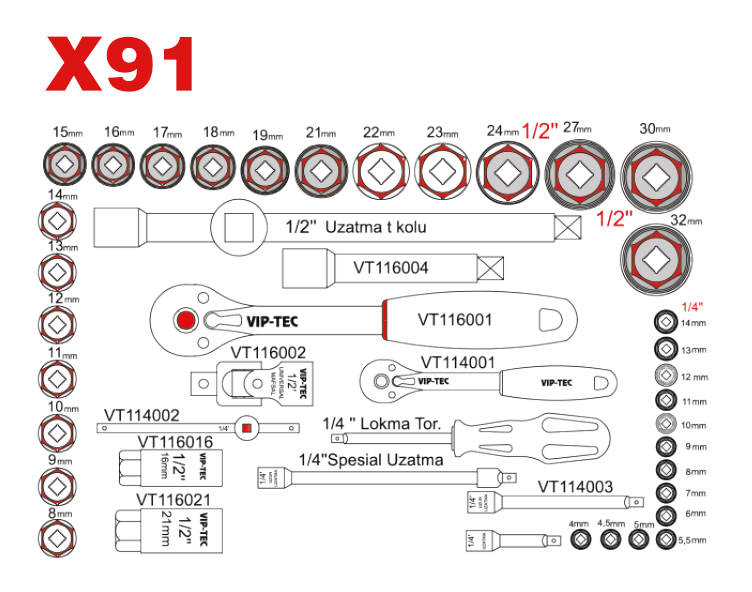1/2" - 1/4" Detaylı Lokma Takımı 89 Parça mm