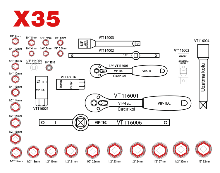 1/2" - 1/4" Lokma Anahtar Takımı 35 Parça mm
