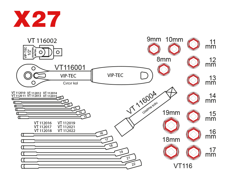 1/2" Lokma Ve Anahtar Takımı 27 Parça mm