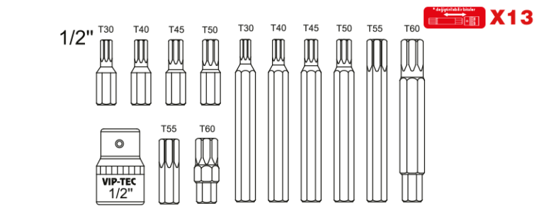 1/2" Torx Lokmalı Bits Takım 13 Parça mm