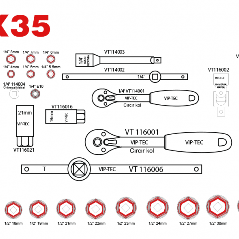 1/2" - 1/4" Lokma Anahtar Takımı 35 Parça mm