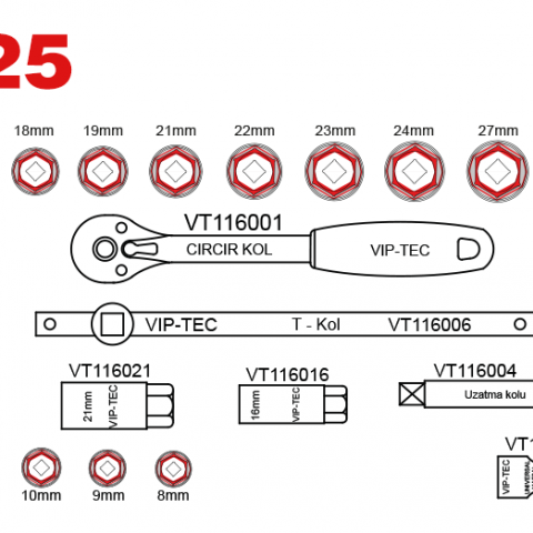 1/2" Lokma Anahtar Takımı 25 Parça mm