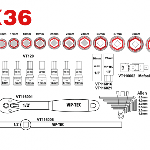 1/2" Lokma Anahtar Takımı 36 Parça mm