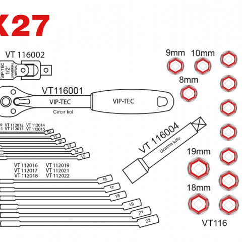 1/2" Lokma Ve Anahtar Takımı 27 Parça mm