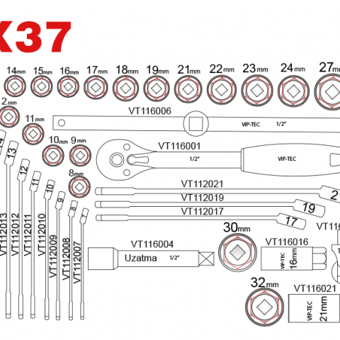1/2" Lokma Ve Kombine Anahtar Takımı 37 Parça mm